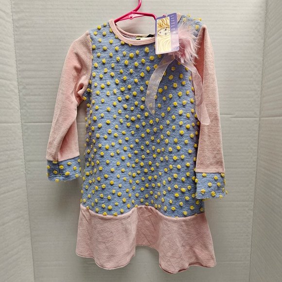 New Little Mass Girls Pink Blue Pom Poms 3D Applique Fur Bow Dress Made in USA